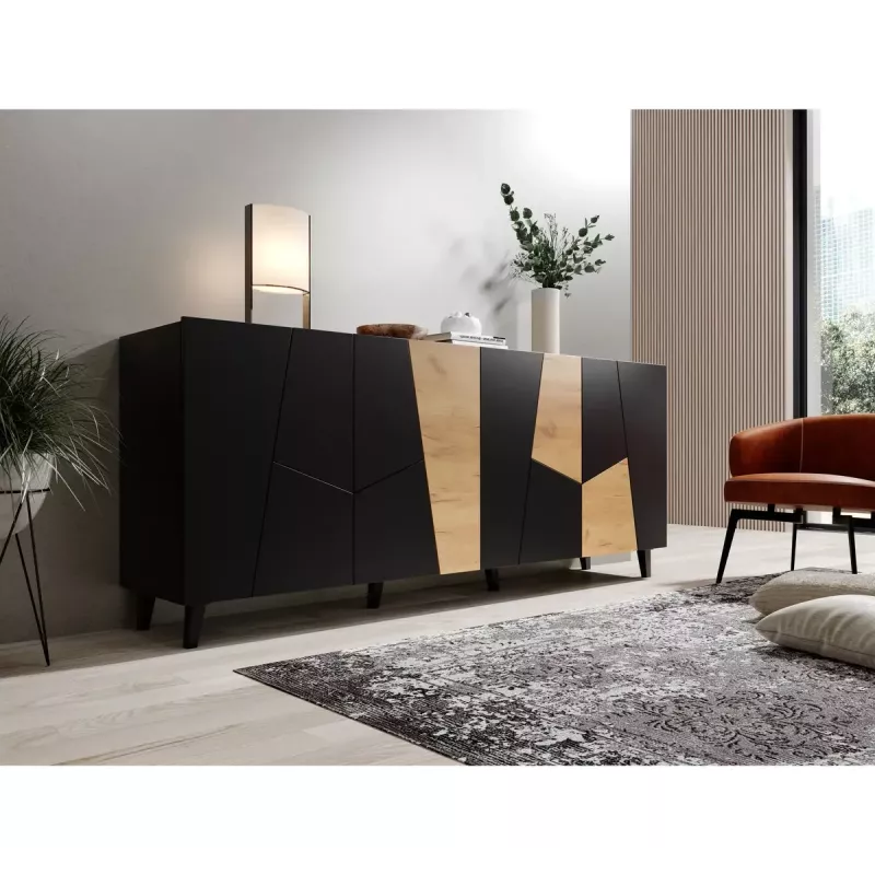 Kumode ETNA 200x42x82 cm, matēti melna ar ozolkoka akcentiem, skaidu plātne