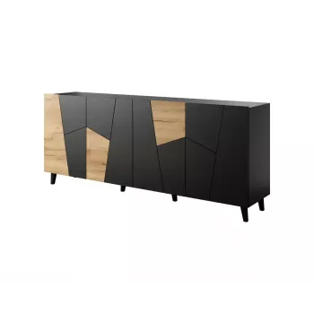 Kumode ETNA 200x42x82 cm, matēti melna ar ozolkoka akcentiem, skaidu plātne