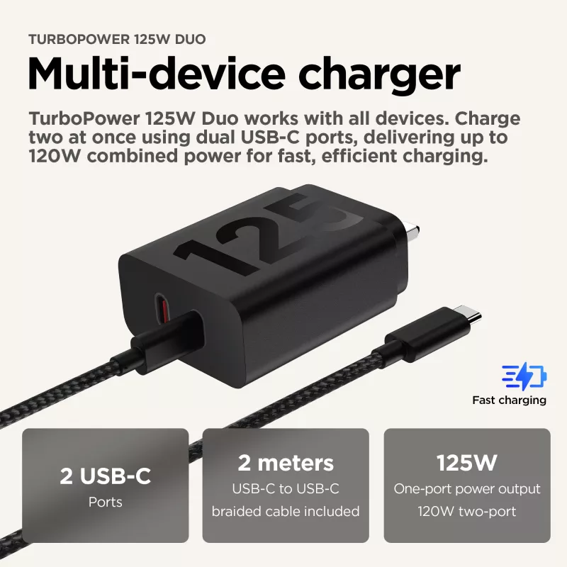 Motorola TurboPower 125W Duo lādētājs universāls melns AC ātra uzlāde iekštelpām