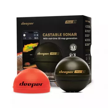 Portatīvais zivju meklētājs Deeper Smart Sonar CHIRP+3 Wi‑Fi — izmetams bezvadu hidrolokators, max dziļums 100 m, konusa leņķi 47°/20°/7°, Wi‑Fi, GPS/GLONASS