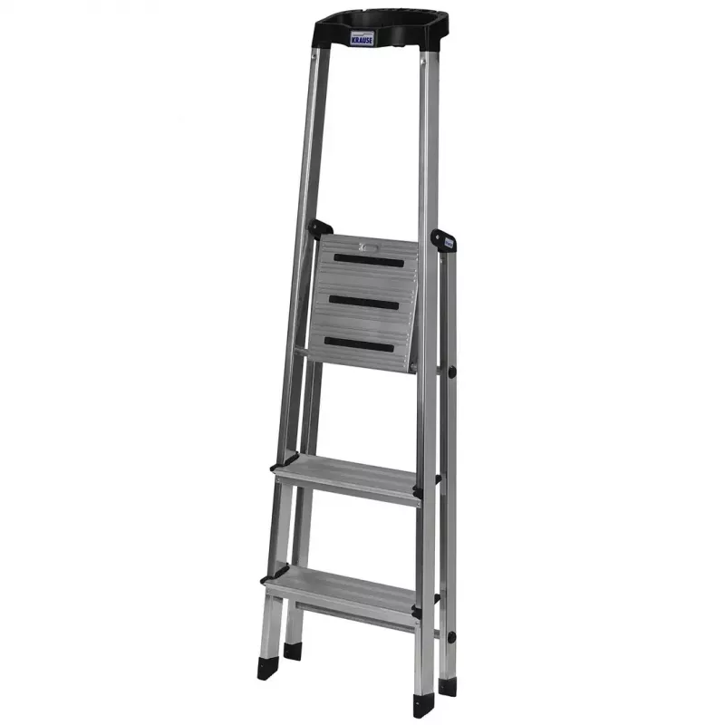 Saliekamās kāpnes Krause 126313 — alumīnija 3-pakāpju kāpnes, max augstums 140 cm, slodze 150 kg, pretslīdes pakāpieni un kājiņas