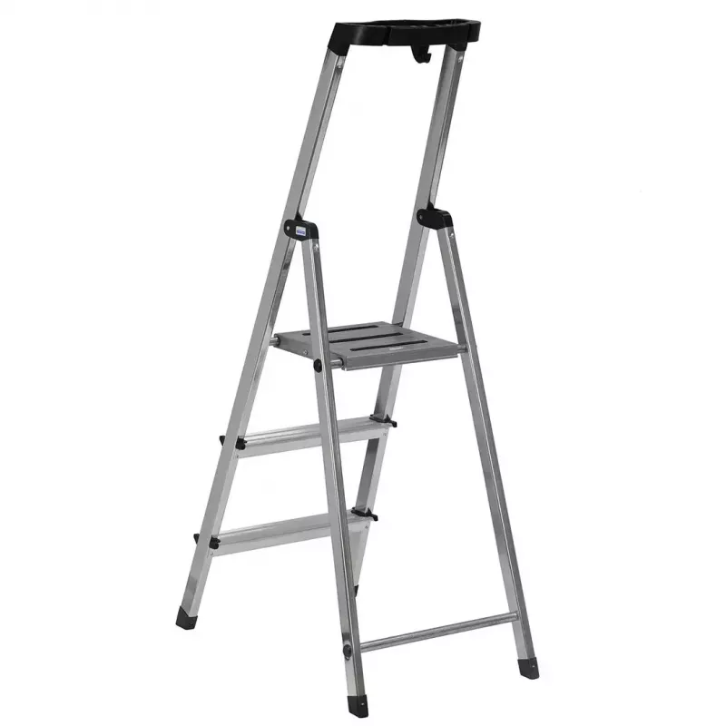 Saliekamās kāpnes Krause 126313 — alumīnija 3-pakāpju kāpnes, max augstums 140 cm, slodze 150 kg, pretslīdes pakāpieni un kājiņas