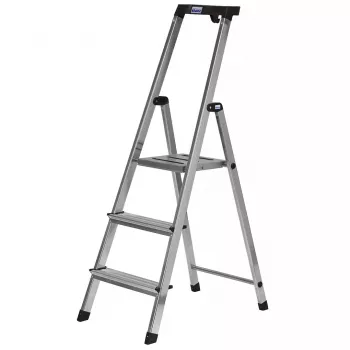 Saliekamās kāpnes Krause 126313 — alumīnija 3-pakāpju kāpnes, max augstums 140 cm, slodze 150 kg, pretslīdes pakāpieni un kājiņas