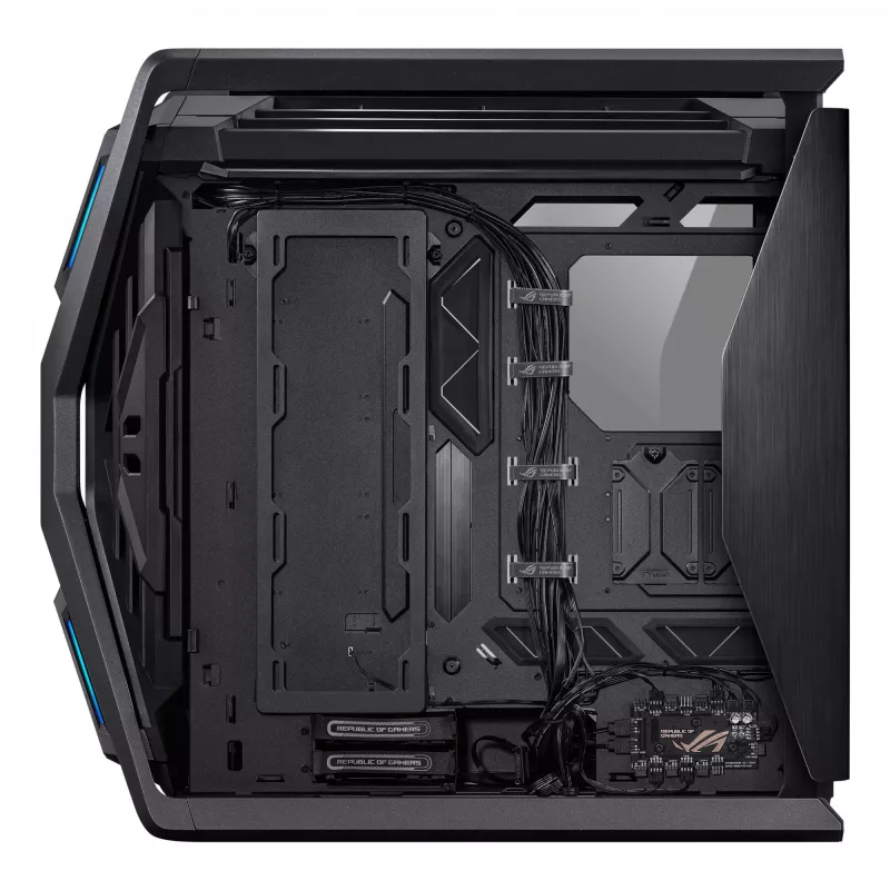 PC korpuss ASUS ROG Hyperion GR701 BTF Edition tornis — melns, rūdīts stikls, E-ATX/ATX/microATX atbalsts, 46 cm GPU, 420 mm augšējais radiators