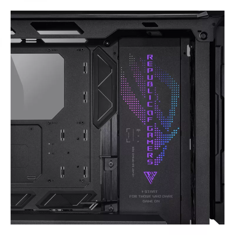 PC korpuss ASUS ROG Hyperion GR701 BTF Edition tornis — melns, rūdīts stikls, E-ATX/ATX/microATX atbalsts, 46 cm GPU, 420 mm augšējais radiators