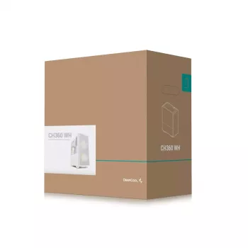 PC korpuss DeepCool CH360 mikro ATX balts — rūdīts stikls, 2x140mm priekšējie ventilatori, USB-C, atbalsta GPU līdz 320 mm
