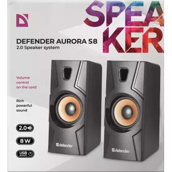 Vadu darbvirsmas skaļruņi DEFENDER Aurora S8 — 2.0, 8 W RMS, USB barošana, 3,5 mm, melns