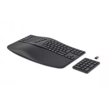 HP 960 Ergonomic Wireless Keyboard, pilna izmēra (100%), bezvadu, RF Wireless + Bluetooth, membrānas, QWERTY, melna