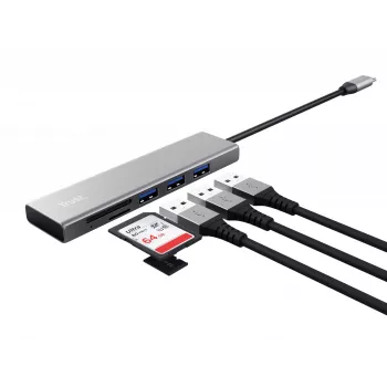 Trust Halyx USB 3.2 Gen 1 (3.1 Gen 1) Type-C 104 Mbit/s alumīnija USB centrmezgls ar karšu lasītāju