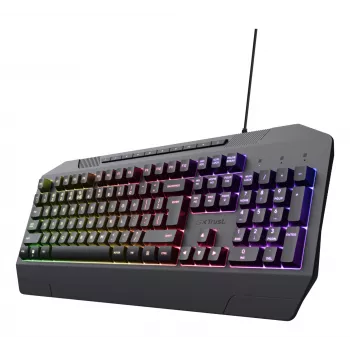 Vadu spēļu tastatūra TRUST GXT 836 Evocx USB QWERTY ASV izkārtojums, RGB fona apgaismojums, plaukstas balsts, 114 taustiņi, 110% izmērs