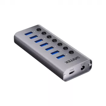 USB Type-C centrmezgls Unitek H1314A01-EU — 7× USB 3.2 Gen1 Type-A, SD karšu lasītājs, Gigabit Ethernet, 4K@60Hz, 100W PD, alumīnijs, pelēks