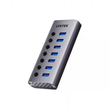 USB Type-C centrmezgls Unitek H1314A01-EU — 7× USB 3.2 Gen1 Type-A, SD karšu lasītājs, Gigabit Ethernet, 4K@60Hz, 100W PD, alumīnijs, pelēks