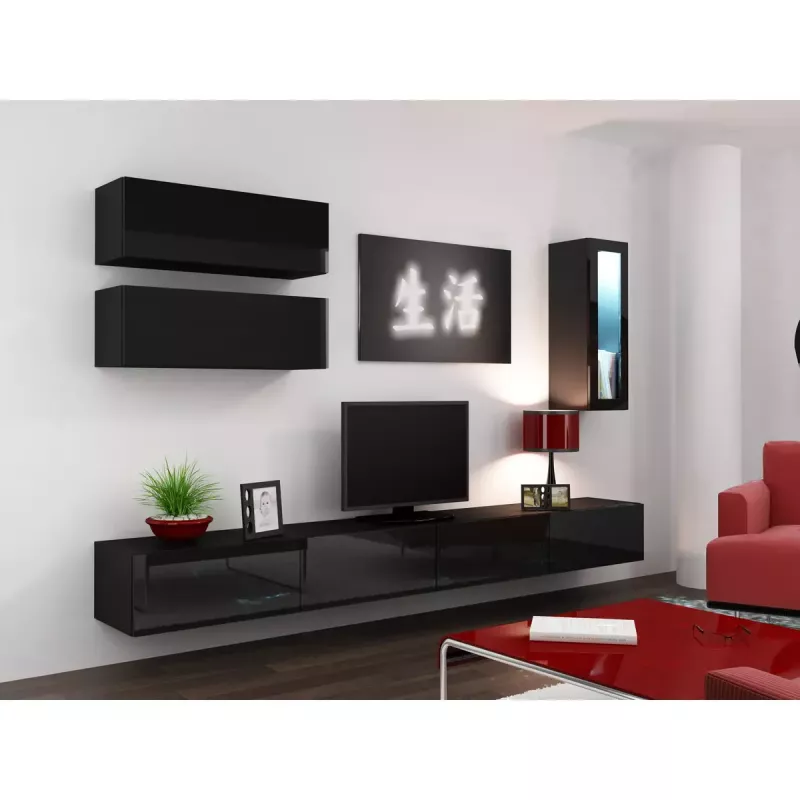 Pie sienas montējams skapis VIGO 90, 900×350×320 mm, melns/melns spīdums