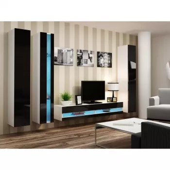 Pie sienas stiprināms plauktu bloks cama meble VIGO NEW 180×40×30 cm balts/melns spīdums