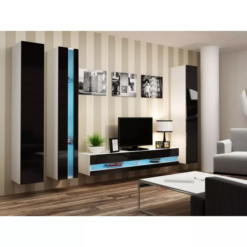 Pie sienas stiprināms plauktu bloks cama meble VIGO NEW 180×40×30 cm balts/melns spīdums