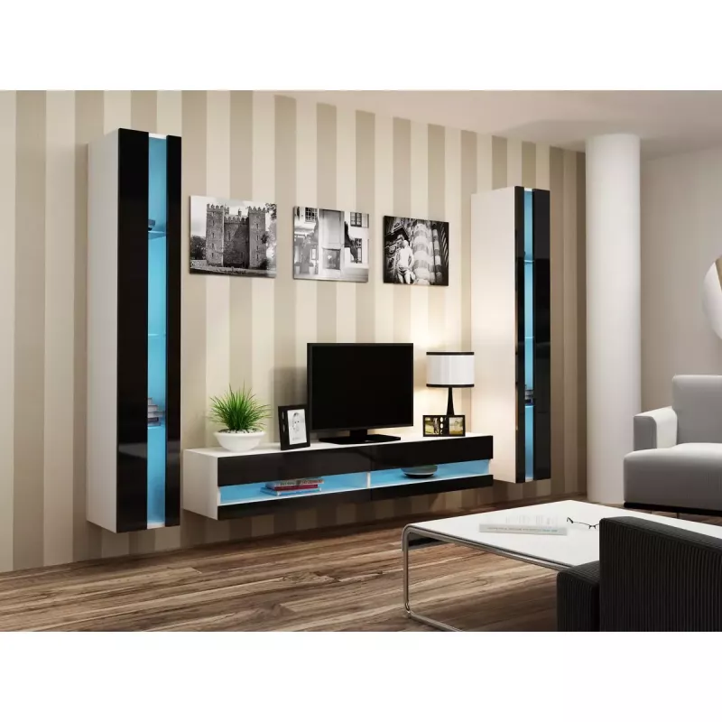 Pie sienas stiprināms plauktu bloks cama meble VIGO NEW 180×40×30 cm balts/melns spīdums