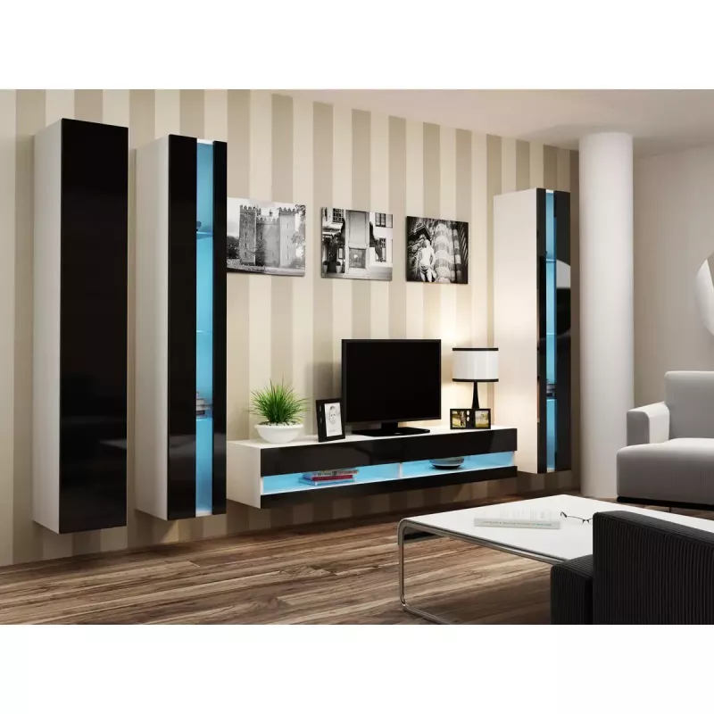 Pie sienas stiprināms plauktu bloks cama meble VIGO NEW 180×40×30 cm balts/melns spīdums