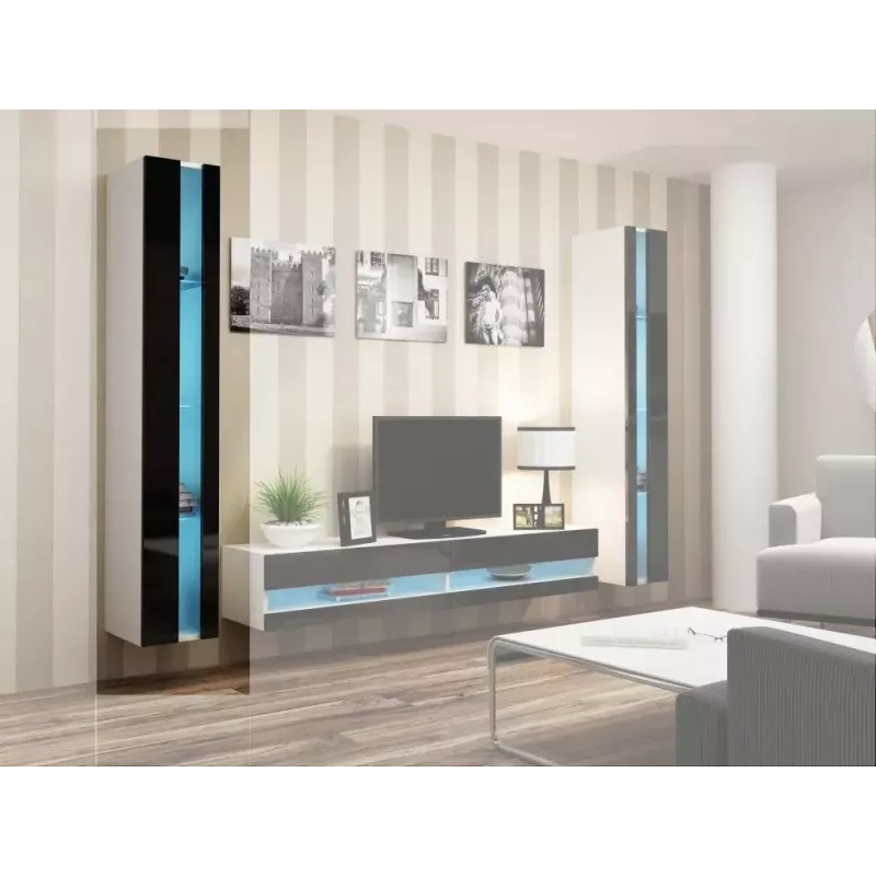 Pie sienas stiprināms plauktu bloks cama meble VIGO NEW 180×40×30 cm balts/melns spīdums
