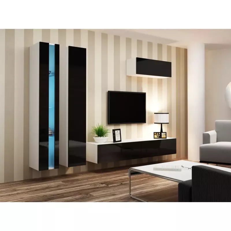 Pie sienas stiprināms plauktu bloks cama meble VIGO NEW 180×40×30 cm balts/melns spīdums