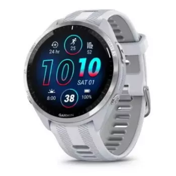 Garmin Forerunner 965 viedpulkstenis — 47 mm titāna korpuss, 1,4 collu AMOLED, 32 GB, 23 dienu akumulators, GPS/GLONASS/Galileo, balta silikona siksniņa