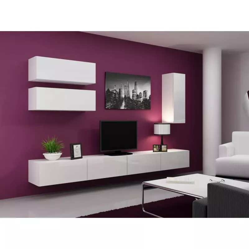 TV statīvs Cama Meble VIGO 140, 1400×400×300 mm, balts spīdums augšdaļa, skaidu plātne, balts rāmis