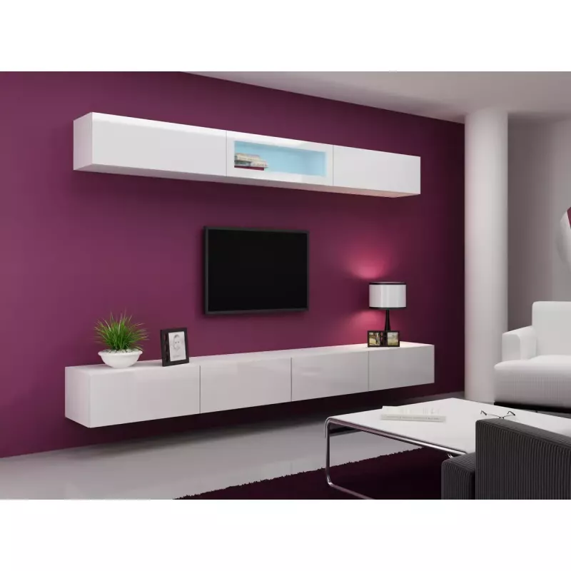 TV statīvs Cama Meble VIGO 140, 1400×400×300 mm, balts spīdums augšdaļa, skaidu plātne, balts rāmis
