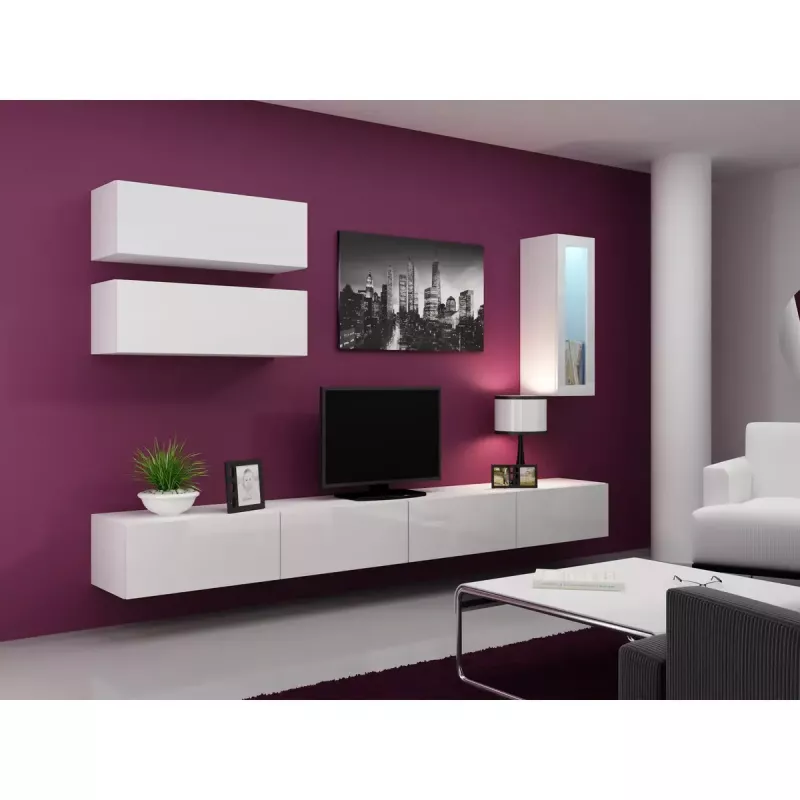 TV statīvs Cama Meble VIGO 140, 1400×400×300 mm, balts spīdums augšdaļa, skaidu plātne, balts rāmis