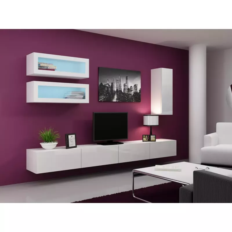 TV statīvs Cama Meble VIGO 140, 1400×400×300 mm, balts spīdums augšdaļa, skaidu plātne, balts rāmis