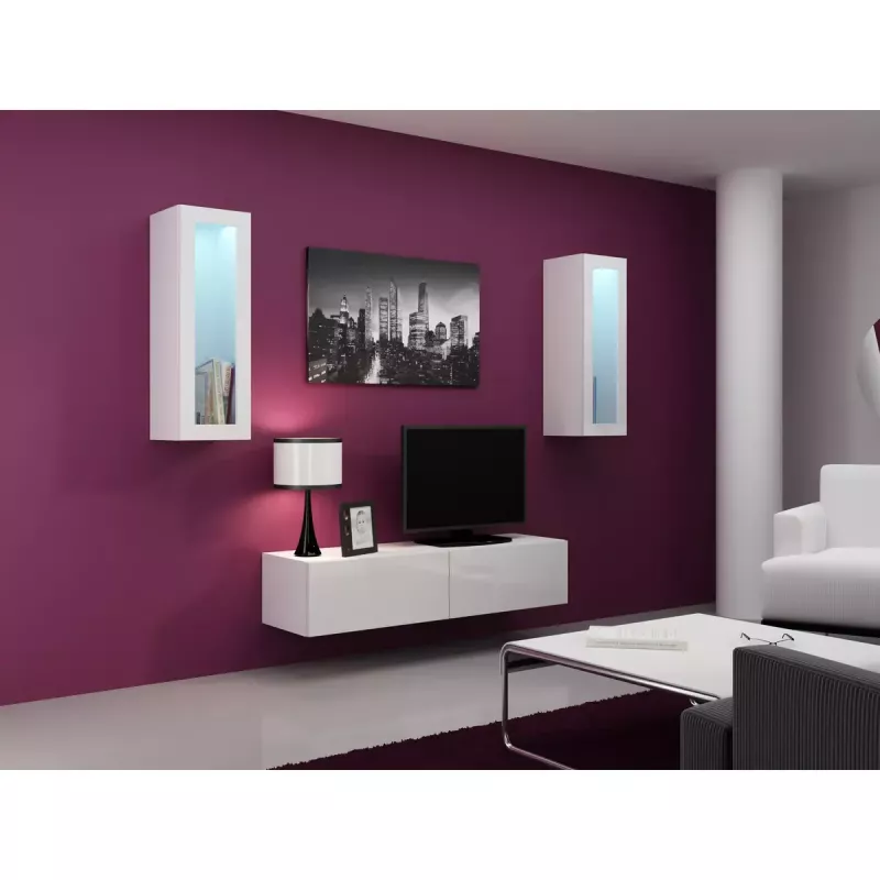 TV statīvs Cama Meble VIGO 140, 1400×400×300 mm, balts spīdums augšdaļa, skaidu plātne, balts rāmis