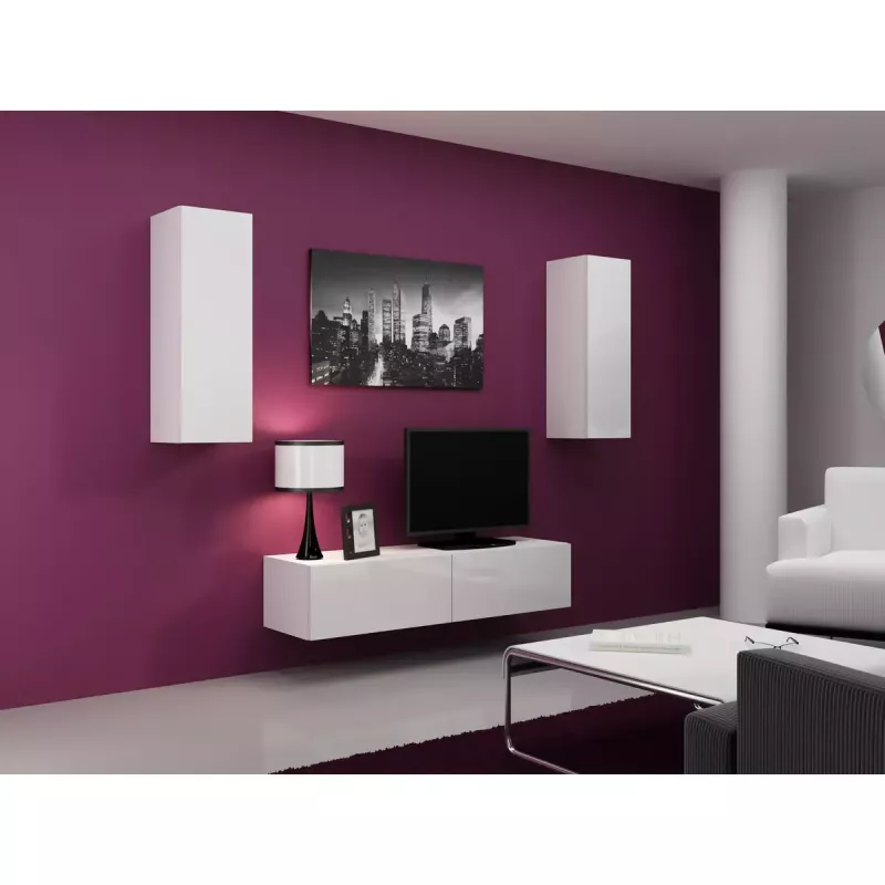 TV statīvs Cama Meble VIGO 140, 1400×400×300 mm, balts spīdums augšdaļa, skaidu plātne, balts rāmis