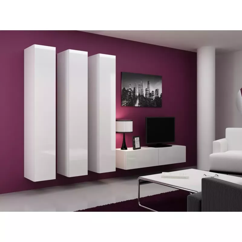 TV statīvs Cama Meble VIGO 140, 1400×400×300 mm, balts spīdums augšdaļa, skaidu plātne, balts rāmis