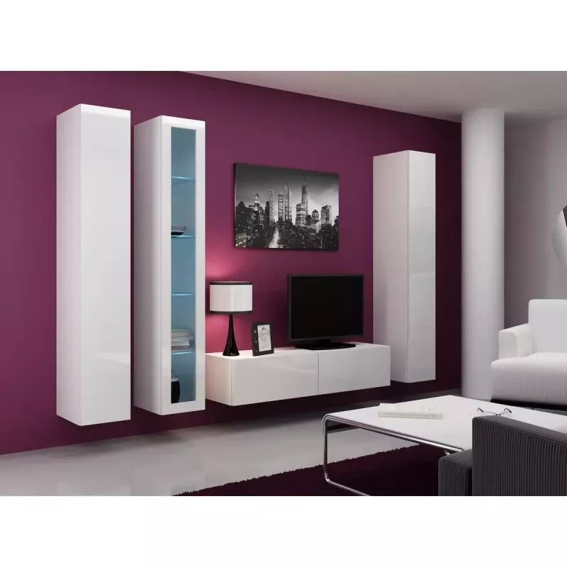 TV statīvs Cama Meble VIGO 140, 1400×400×300 mm, balts spīdums augšdaļa, skaidu plātne, balts rāmis