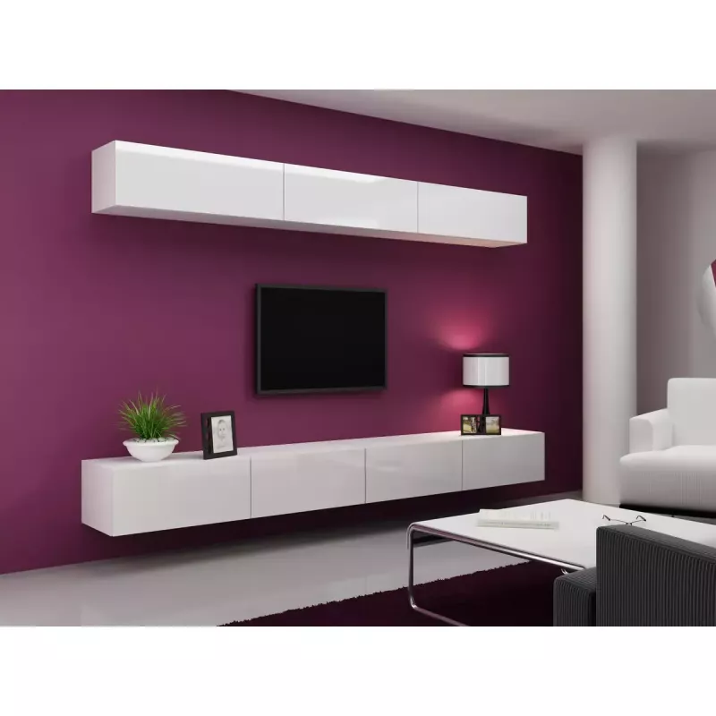 TV statīvs Cama Meble VIGO 140, 1400×400×300 mm, balts spīdums augšdaļa, skaidu plātne, balts rāmis