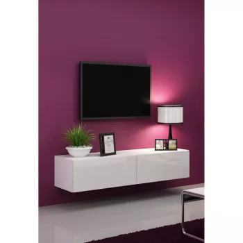 TV statīvs Cama Meble VIGO 140, 1400×400×300 mm, balts spīdums augšdaļa, skaidu plātne, balts rāmis