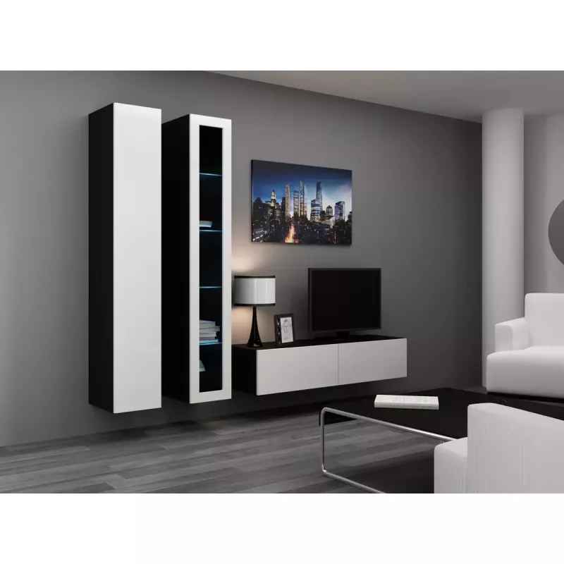 Piekarināms TV statīvs cama meble VIGO 140 — 1400×400×300 mm, skaidu plātnes virsma, melns/balts spīdums