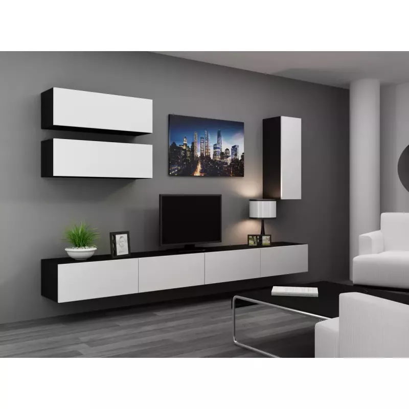 Piekarināms TV statīvs cama meble VIGO 140 — 1400×400×300 mm, skaidu plātnes virsma, melns/balts spīdums