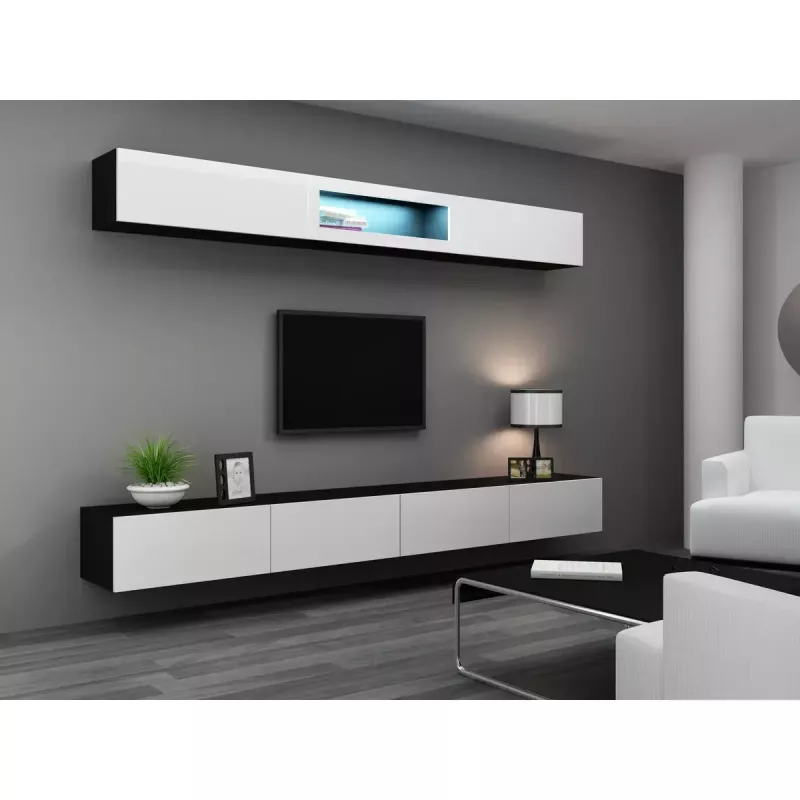 Piekarināms TV statīvs cama meble VIGO 140 — 1400×400×300 mm, skaidu plātnes virsma, melns/balts spīdums