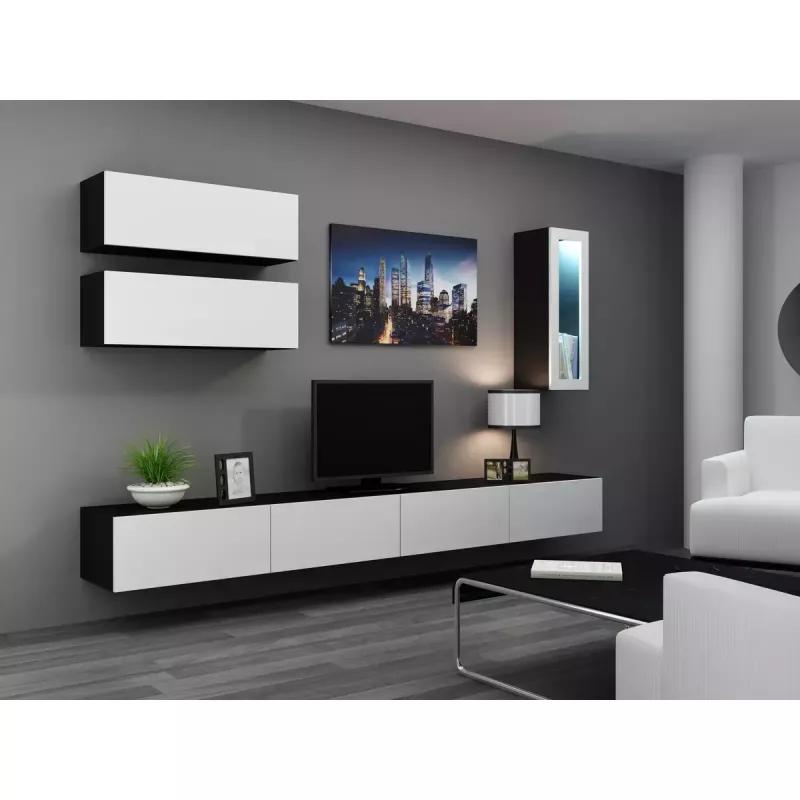 Piekarināms TV statīvs cama meble VIGO 140 — 1400×400×300 mm, skaidu plātnes virsma, melns/balts spīdums