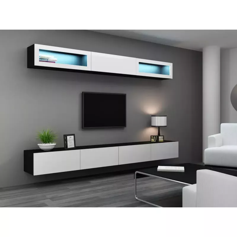 Piekarināms TV statīvs cama meble VIGO 140 — 1400×400×300 mm, skaidu plātnes virsma, melns/balts spīdums
