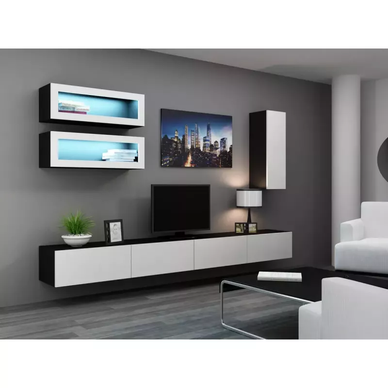 Piekarināms TV statīvs cama meble VIGO 140 — 1400×400×300 mm, skaidu plātnes virsma, melns/balts spīdums