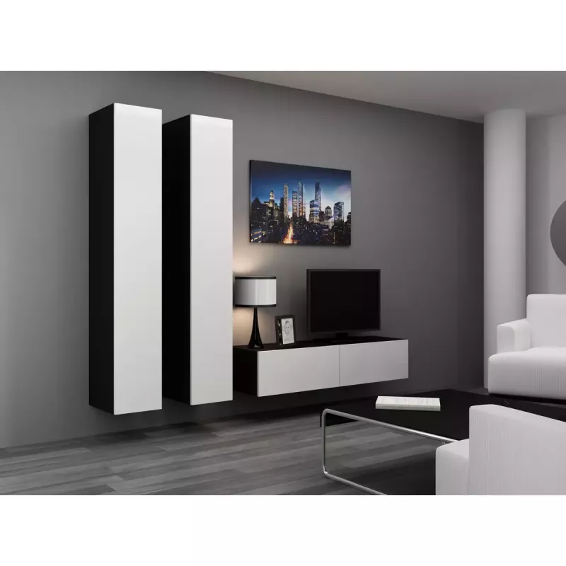 Piekarināms TV statīvs cama meble VIGO 140 — 1400×400×300 mm, skaidu plātnes virsma, melns/balts spīdums