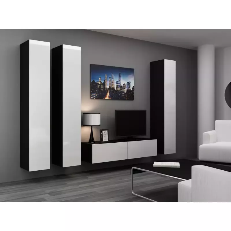 Piekarināms TV statīvs cama meble VIGO 140 — 1400×400×300 mm, skaidu plātnes virsma, melns/balts spīdums