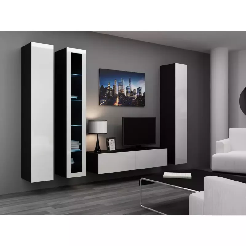 Piekarināms TV statīvs cama meble VIGO 140 — 1400×400×300 mm, skaidu plātnes virsma, melns/balts spīdums