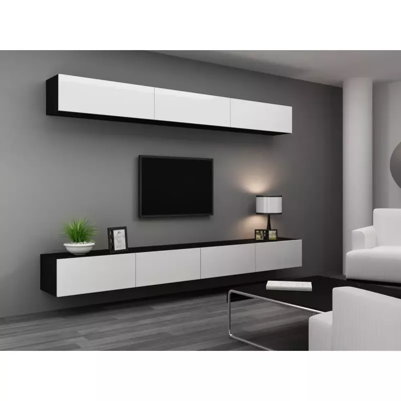 Piekarināms TV statīvs cama meble VIGO 140 — 1400×400×300 mm, skaidu plātnes virsma, melns/balts spīdums