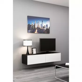 Piekarināms TV statīvs cama meble VIGO 140 — 1400×400×300 mm, skaidu plātnes virsma, melns/balts spīdums
