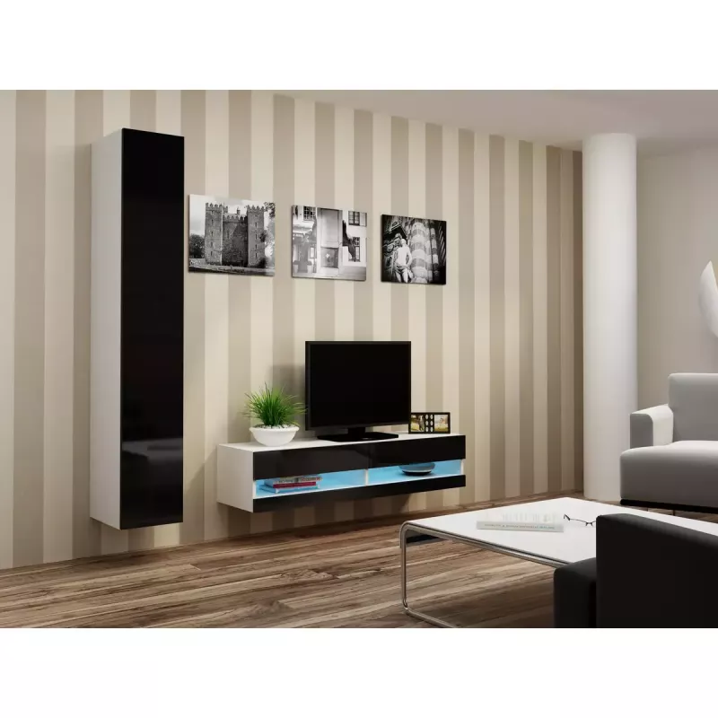 TV statīvs Cama Meble VIGO NEW 30/140/40 – 1400×400×300 mm, balta virsma, skaidu plātne, balts rāmis, balts/melns spīdums