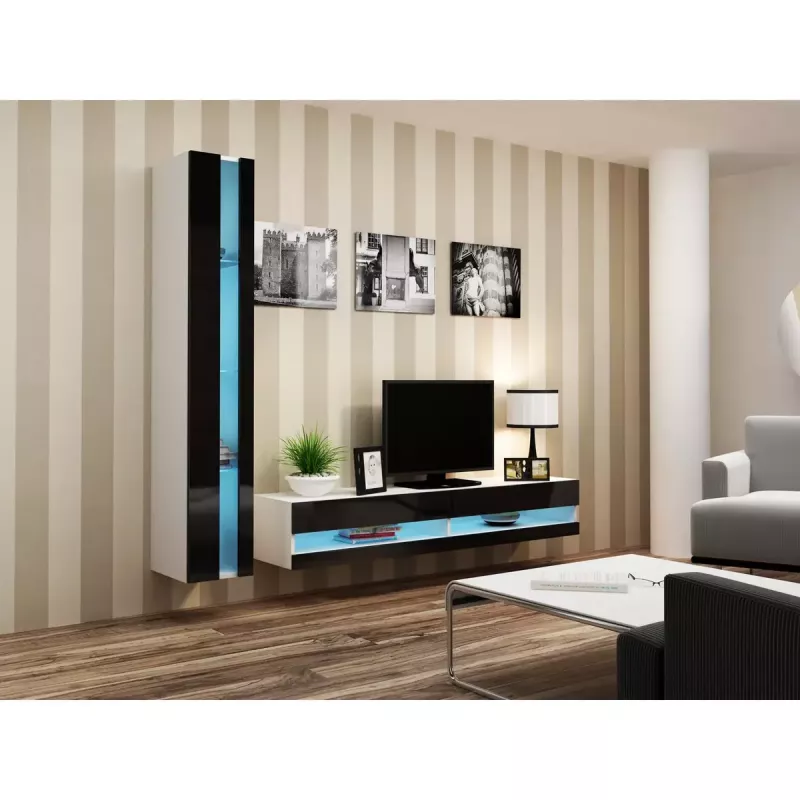 TV statīvs Cama Meble VIGO NEW 30/140/40 – 1400×400×300 mm, balta virsma, skaidu plātne, balts rāmis, balts/melns spīdums