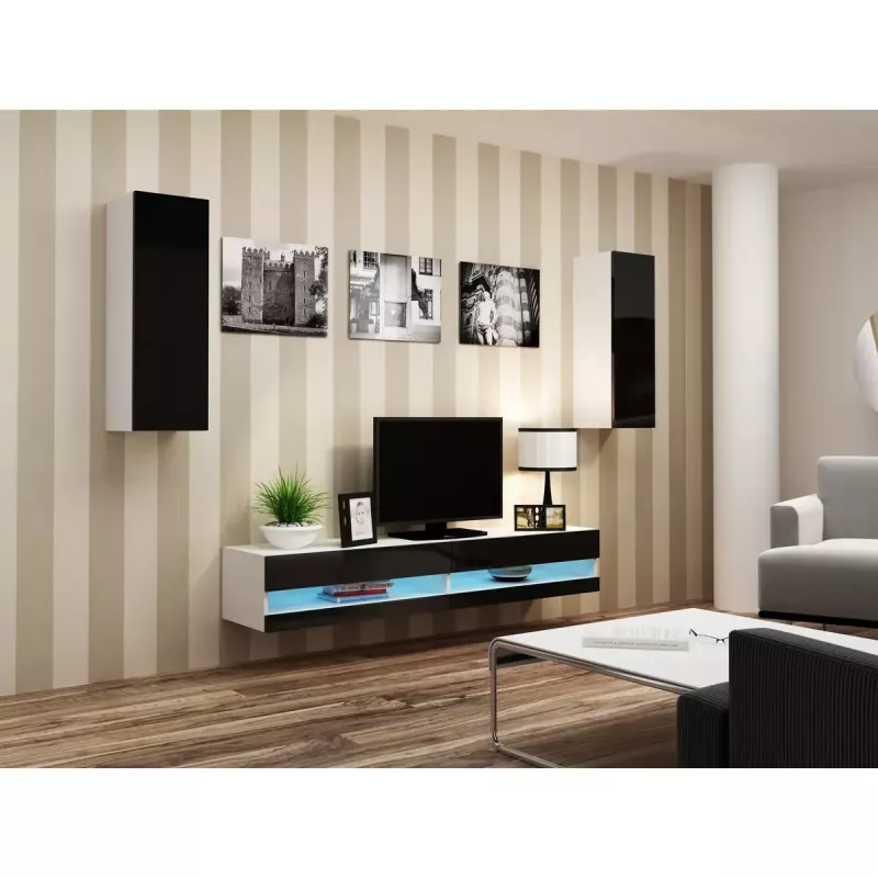 TV statīvs Cama Meble VIGO NEW 30/140/40 – 1400×400×300 mm, balta virsma, skaidu plātne, balts rāmis, balts/melns spīdums