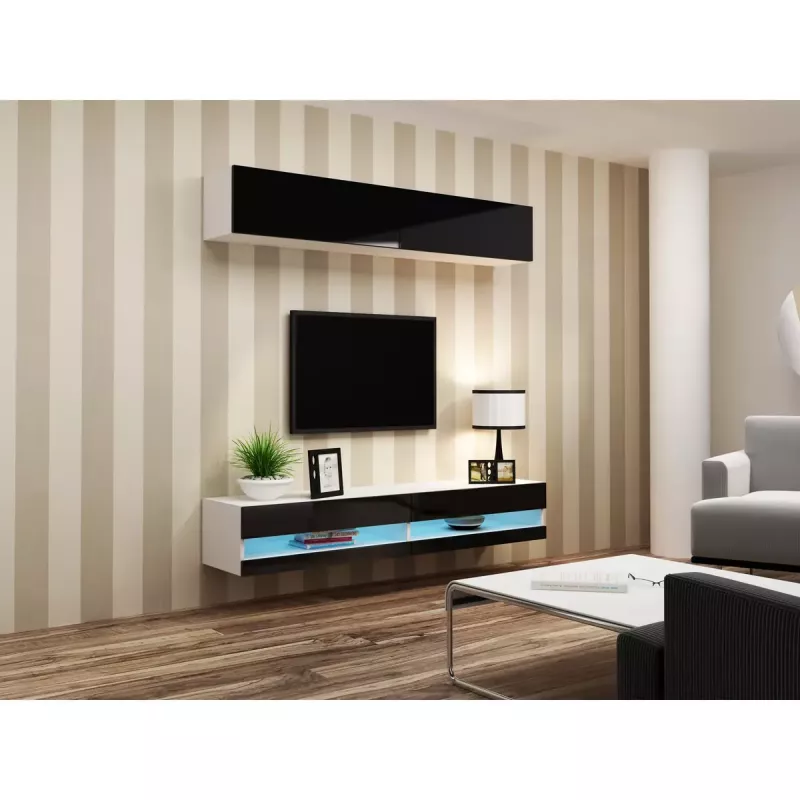 TV statīvs Cama Meble VIGO NEW 30/140/40 – 1400×400×300 mm, balta virsma, skaidu plātne, balts rāmis, balts/melns spīdums