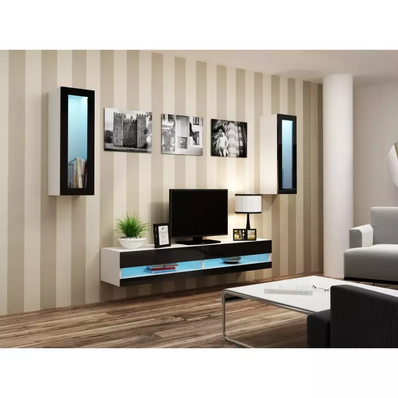 TV statīvs Cama Meble VIGO NEW 30/140/40 – 1400×400×300 mm, balta virsma, skaidu plātne, balts rāmis, balts/melns spīdums